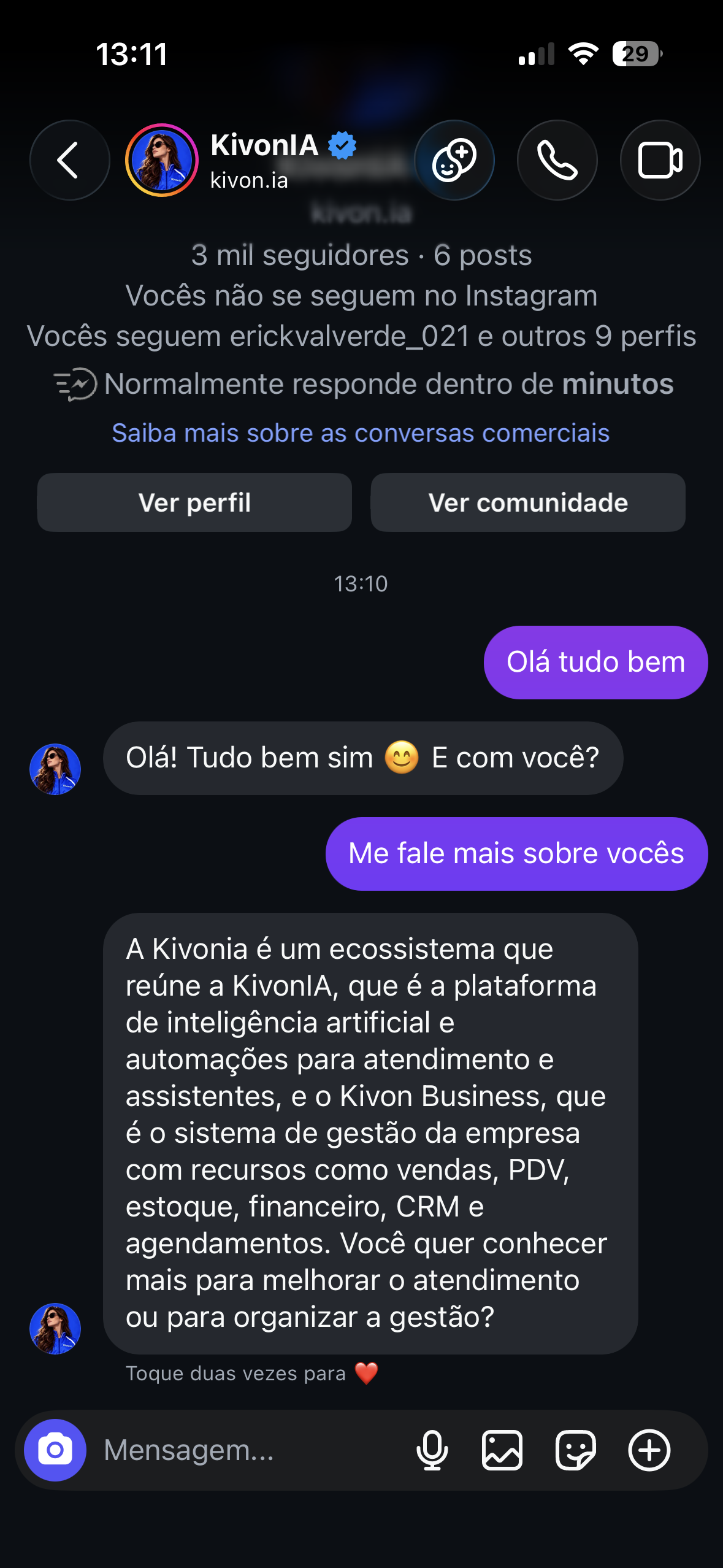 Demonstração real de atendimento da KivonIA pelo Instagram Direct